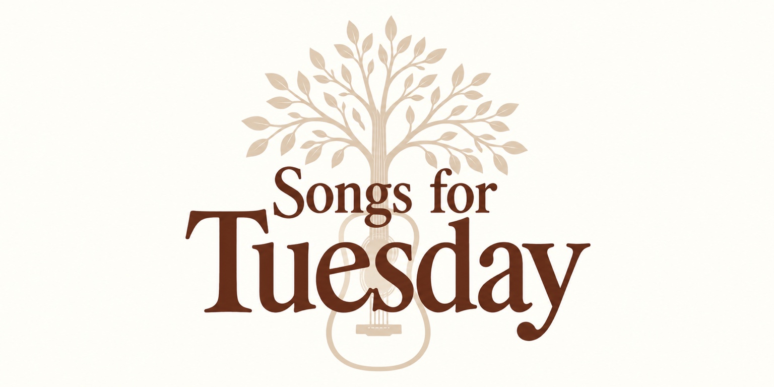 Songs for Tuesday — a pale tree growing from an acoustic guitar behind warm brown lettering
